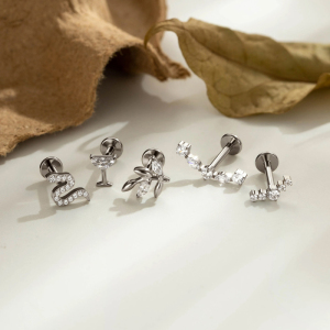 Boucles D'Oreilles Piercing Pour Femme, Modèle Simple Series Leaf Snake, En Alliage De Titane Doré Et Zircon. h5 Image6