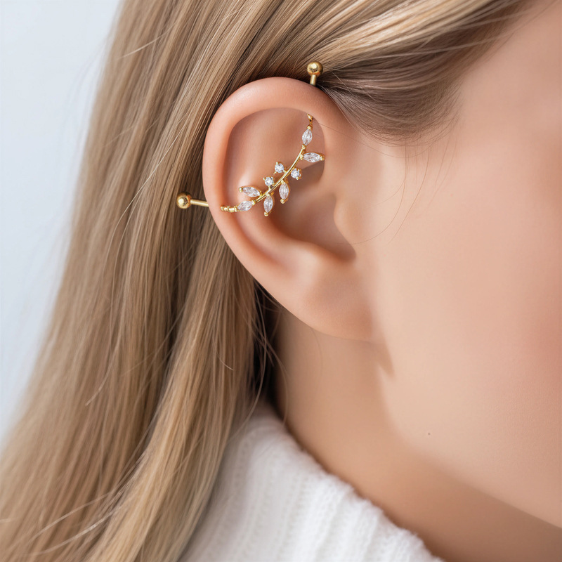Boucles D'Oreilles Piercing Pour Femme, Forme Géométrique Feuille, Couleur Cuivre Doré, Zircon. Image7