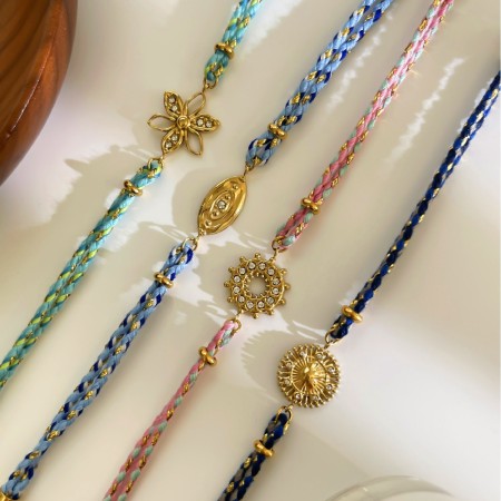 Bracelet tressé pour femme, collection romantique, motif floral soleil, corde dorée et strass. 2
