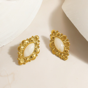 Boucles D'Oreilles Puces Pour Femmes, En Acier Inoxydable Étanche, Couleur Or, Forme Elliptique Florale Rétro h5 Image2