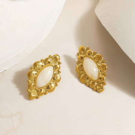 Boucles d'oreilles puces pour femmes, en acier inoxydable étanche, couleur or, forme elliptique florale rétro 2