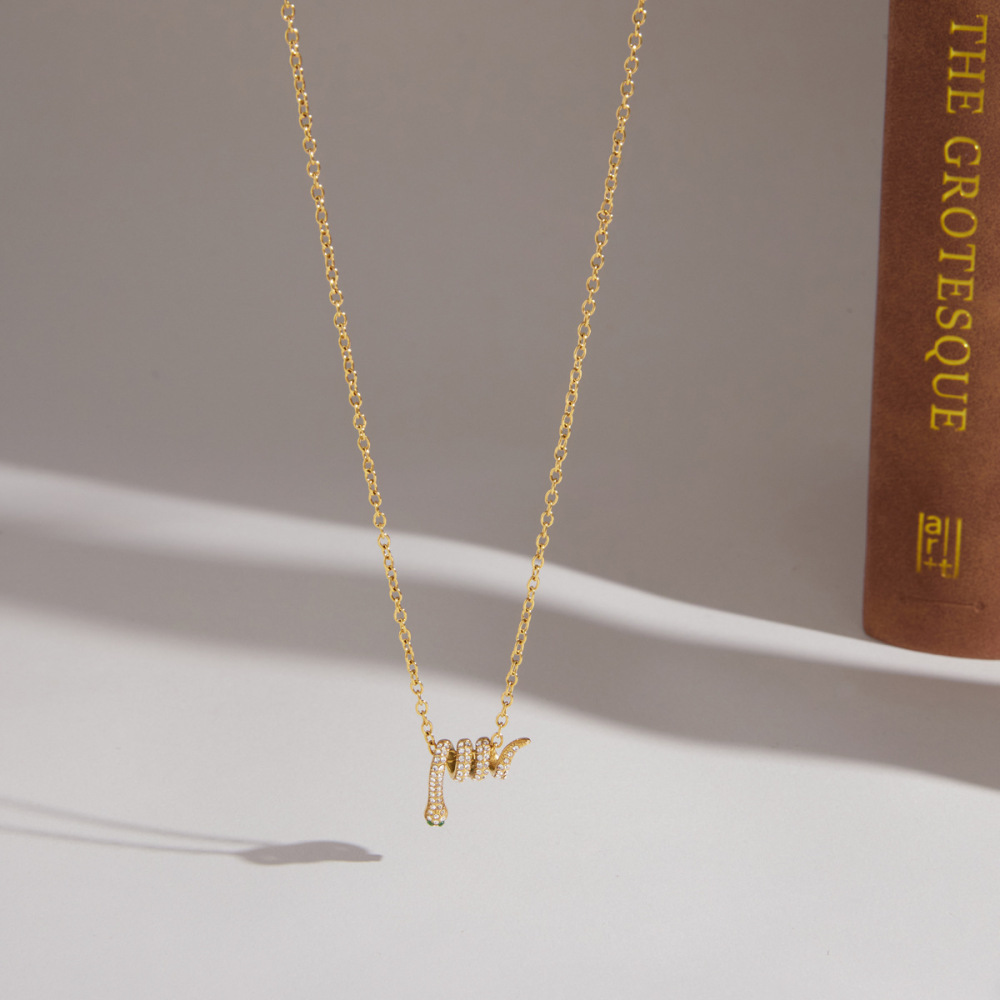 Collier Pendentif Femme Luxueux Au Style Rétro, En Acier Inoxydable, Couleur Or, Orné D'Un Zircon Et D'Une Chaîne Serpent. Image3
