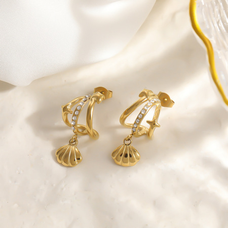 Boucles d'oreilles puces pour femmes en acier inoxydable, couleur or, étanches, avec strass et coquillage 2