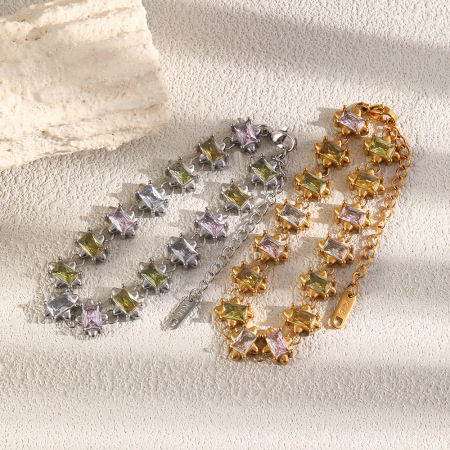 Bracelet chaîne élégant patchwork rectangulaire en acier inoxydable imperméable couleur or avec zircon pour femme, collection Luxueuse