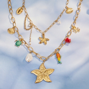 Colliers Pour Femmes Avec Pendentif Étoile De Mer En Acier Inoxydable, Couleur Or, Étanche Et Perles Artificielles. h5 Image2