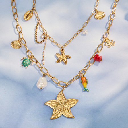 Colliers pour femmes avec pendentif étoile de mer en acier inoxydable, couleur or, étanche et perles artificielles. 2