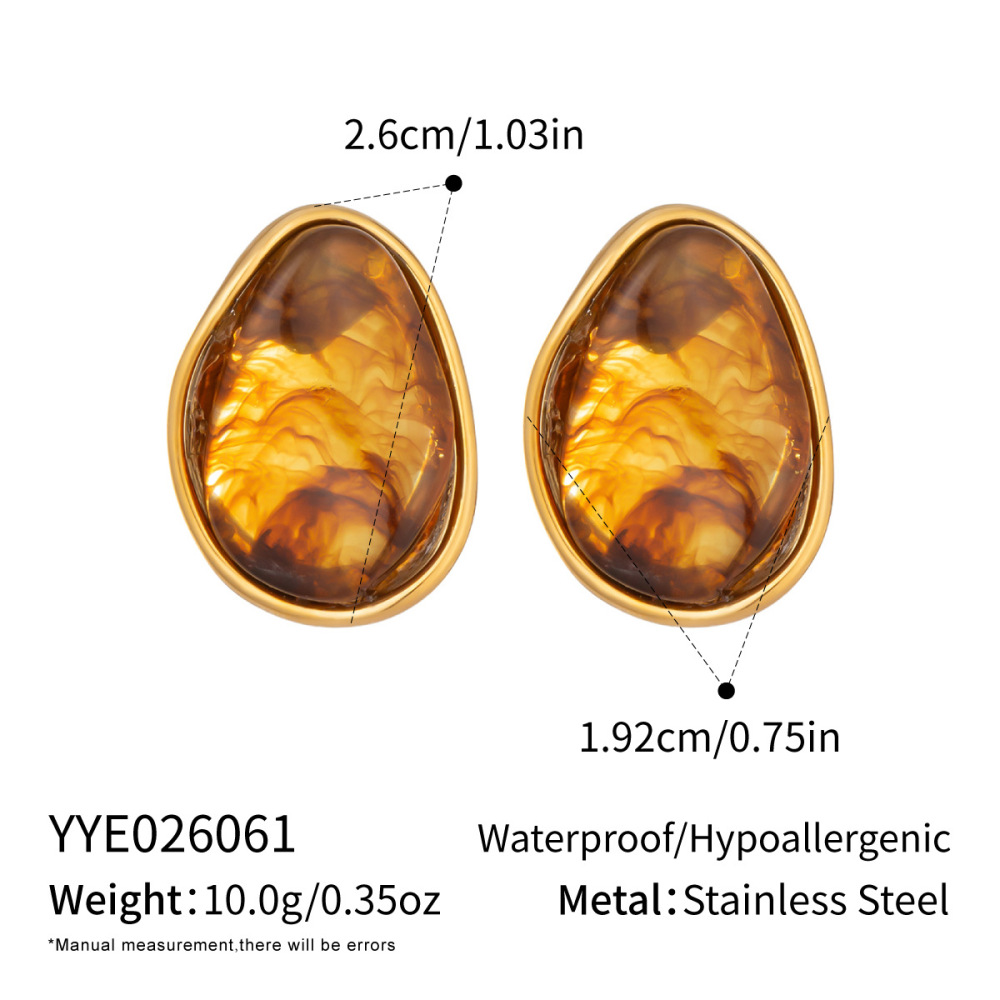Boucles D'Oreilles Puces Pour Femmes En Résine Dorée, Forme Elliptique 