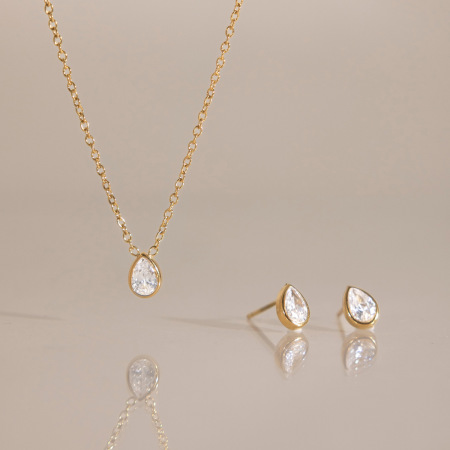 Ensembles de colliers pour femmes en acier inoxydable imperméable avec zircon doré et motif goutte simple