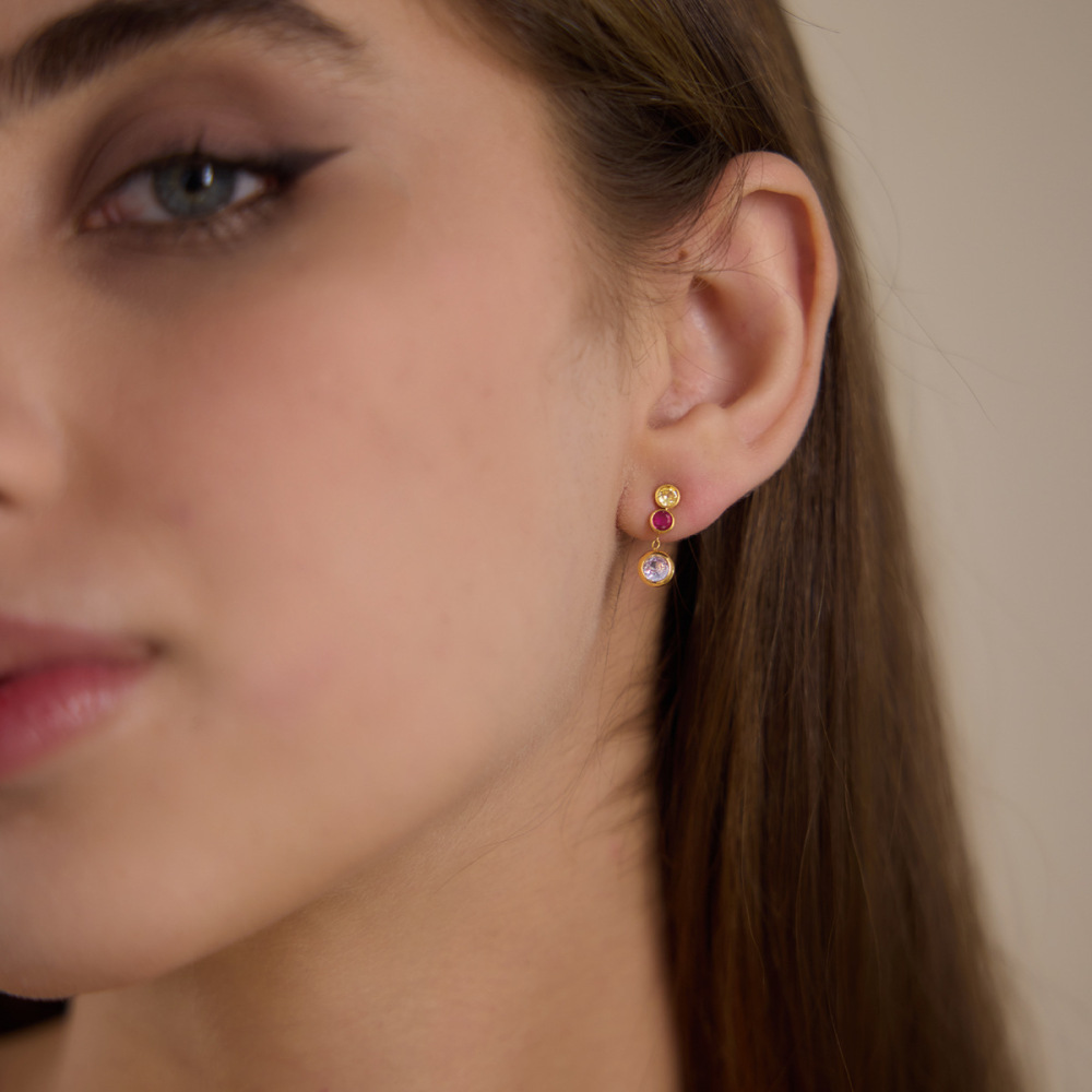 Boucles D'Oreilles Pendantes Pour Femmes, En Acier Inoxydable Étanche, Couleur Or, Avec Pompon Et Zircon. Image3