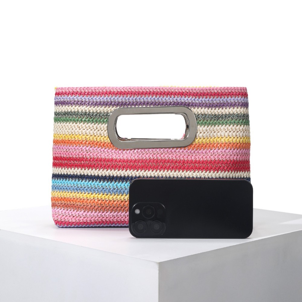 Sac Carré Pour Femme En Raphia Tissé À Rayures Multicolores, Style Décontracté h5Image4