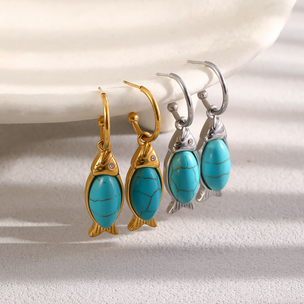 Boucles D'Oreilles Pendantes Pour Femme, Style Rétro, En Acier Inoxydable, Couleur Or, Avec Pierre Naturelle, Style Poisson, Série Simple. Image3