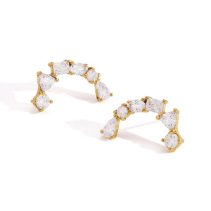 Boucles D'Oreilles Puces Pour Femmes, En Acier Inoxydable Imperméable, Couleur Or, Forme Simple En C, Ornées De Zircon. h5 Image4