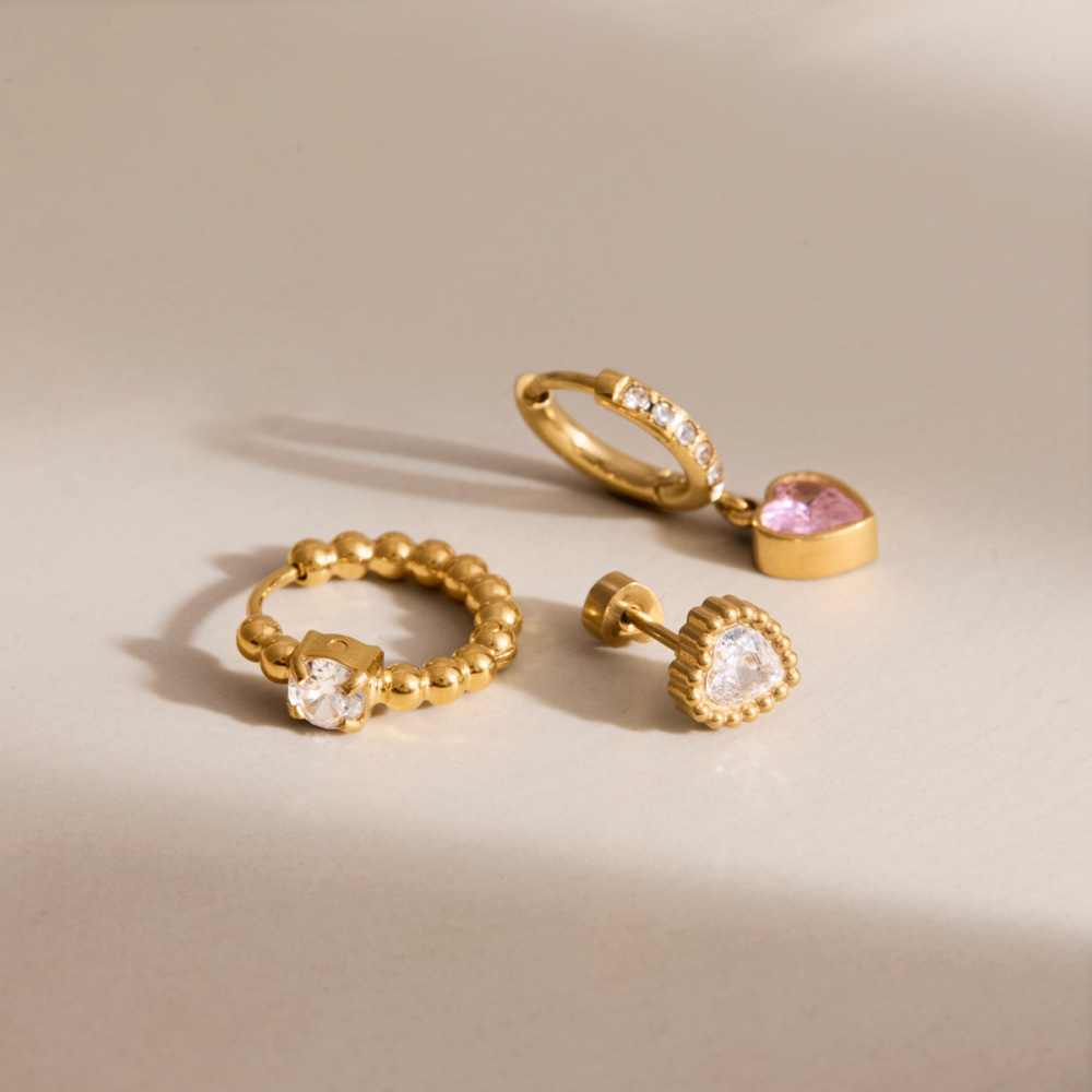 Ensembles De Boucles D'Oreilles Pour Femmes En Acier Inoxydable Imperméable Avec Perles En Forme De Cœur Et Zircon, Collection Luxueuse Image4
