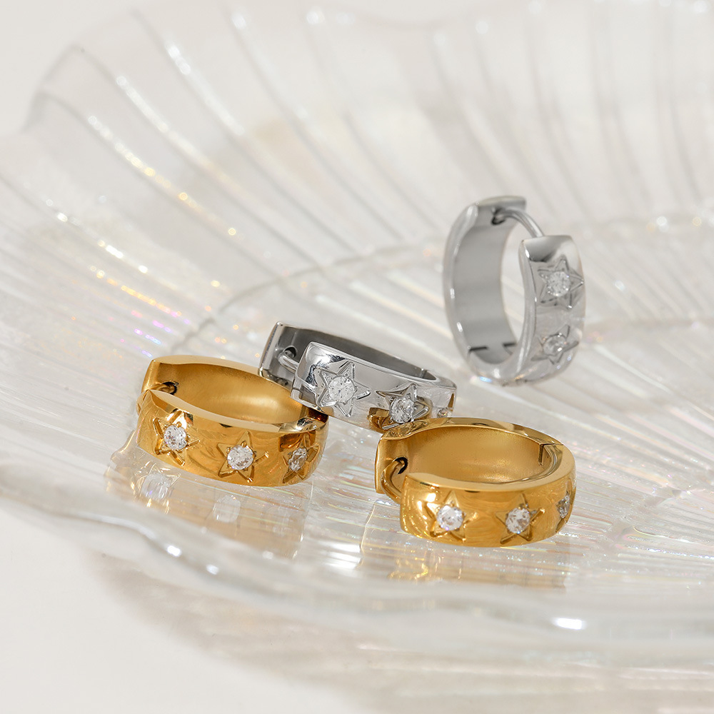 Boucles D'Oreilles Créoles Pour Femmes, En Acier Inoxydable Doré, Étanches, Ornées De Strass, De La Série Simple Star Image2