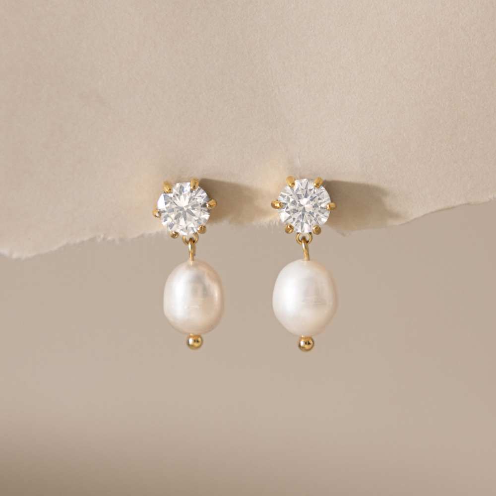 Boucles D'Oreilles Pendantes Pour Femme, Élégantes Et De Forme Irrégulière, En Acier Inoxydable, Couleur Or, Imperméables, Avec Perles. Collection Simple. Image2