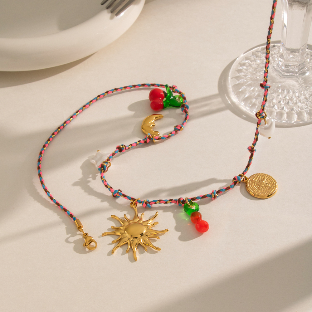 Colliers Tressés Pour Femmes, Collection Romantique, Motif Fruits Et Soleil, En Acier Inoxydable Doré Et Perles. Image4
