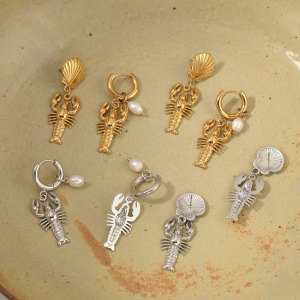 Boucles D'Oreilles Pendantes Pour Femme, Style Homard, En Acier Inoxydable Étanche Couleur Or, Avec Perles Artificielles. h5 Image2