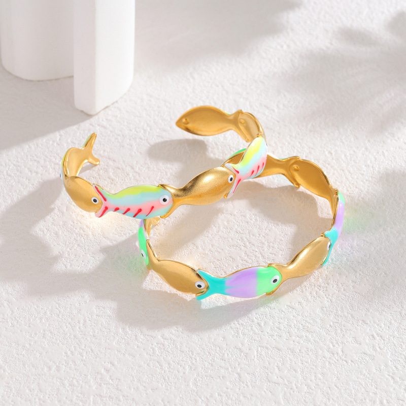 Bracelets Manchettes Pour Femmes En Acier Inoxydable Émaillé, Couleur Or, Style Vacances Océaniques, Motif Poisson Image2