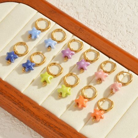 Boucles d'oreilles pendantes pour femmes, style océanique, en céramique, motif étoile de mer, en acier inoxydable étanche. 2