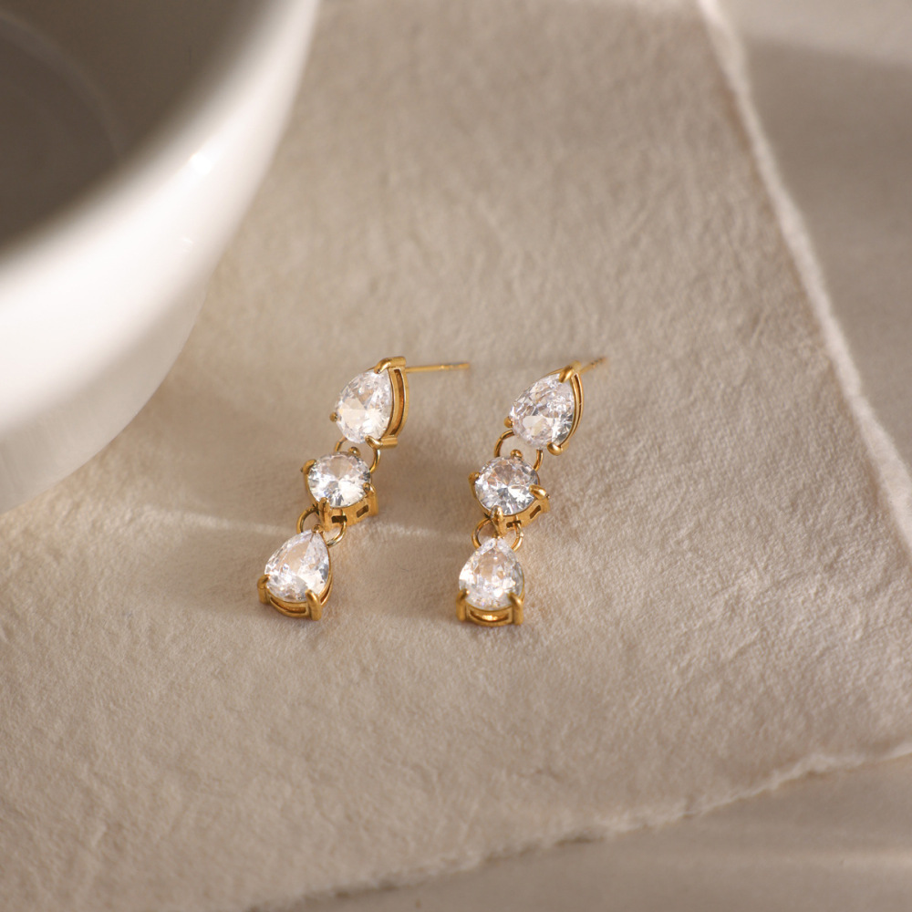 Boucles D'Oreilles Pendantes Pour Femme, En Acier Inoxydable Imperméable, Couleur Or, Avec Pompon Et Zircon. Image4