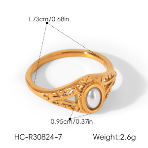Bagues Pour Femmes En Acier Inoxydable, Forme Elliptique Rétro Simple, Couleur Or, Étanches, Avec Perle Et Pierre Précieuse. h5 Image2