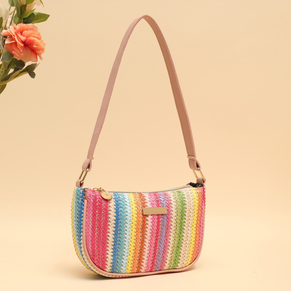 Sac Carré Pour Femme En Raphia Tissé À Rayures Multicolores Style Décontracté h5Image2