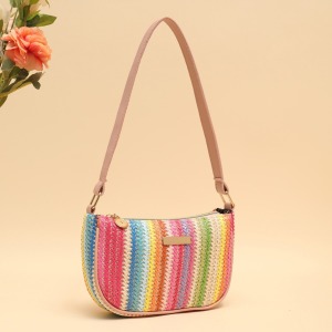 Sac Carré Pour Femme En Raphia Tissé À Rayures Multicolores Style Décontracté h5 Image2