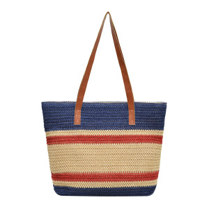 Sac Carré Pour Femme En Raphia Tissé À Rayures Multicolores, Style Décontracté h5 