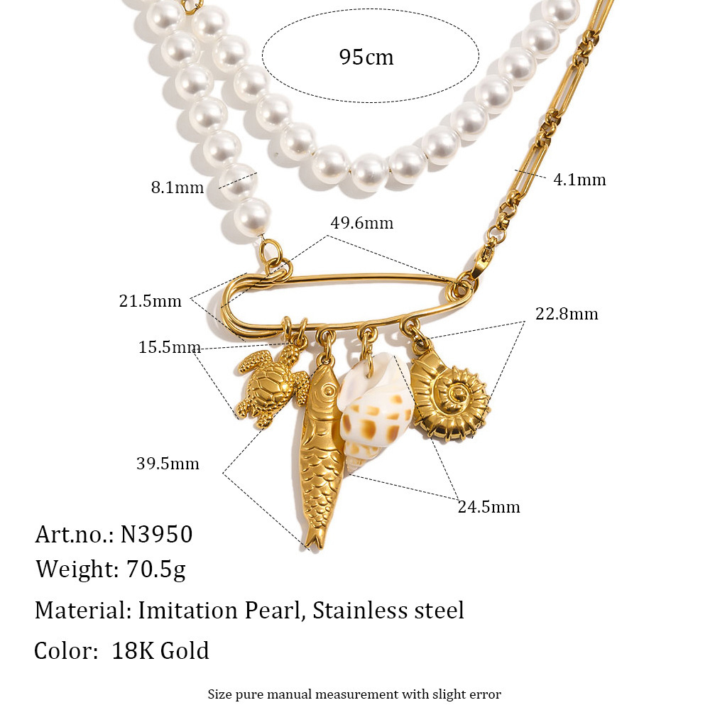 Collier Long Pour Femme, En Acier Inoxydable, Couleur Or, Orné De Perles Romantiques Et De Fils De Coquillage. 