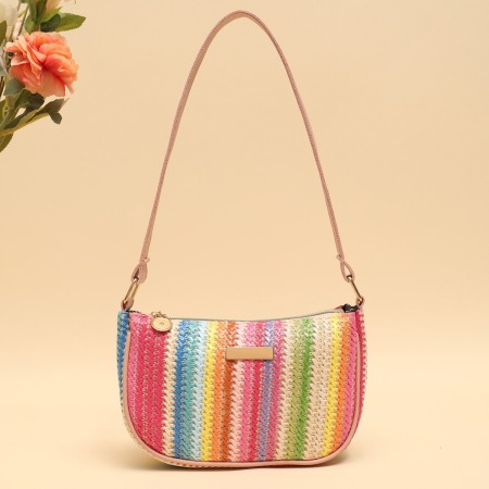 Sac carré pour femme en raphia tissé à rayures multicolores style décontracté