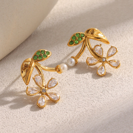 Boucles d'oreilles puces pour femmes, collection Sweet Cherry, en acier inoxydable étanche, couleur or et zircon. 2