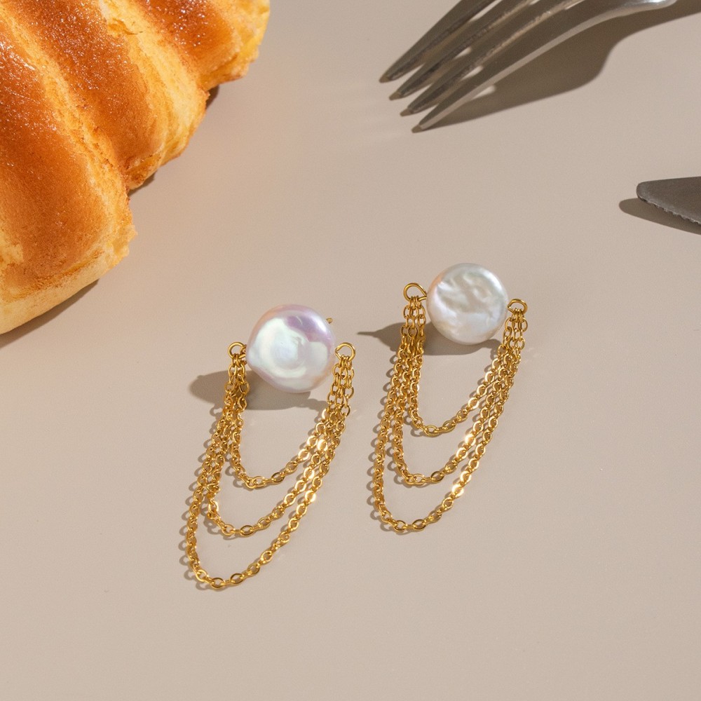 Boucles D'Oreilles Pendantes Pour Femmes En Acier Inoxydable Étanche, Couleur Or, Avec Perles Image2