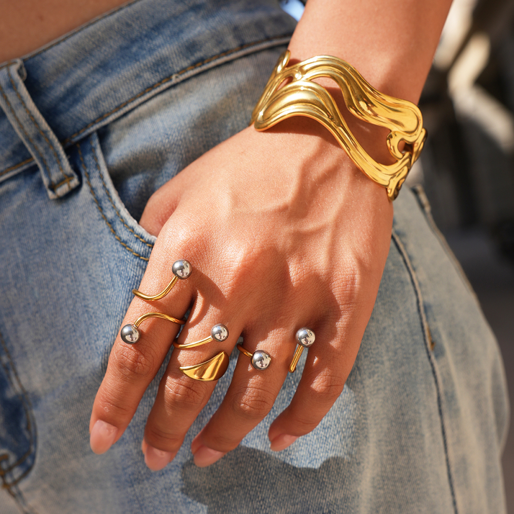Bague Tendance Rétro Minimaliste Au Quotidien, De Forme Irrégulière, En Acier Inoxydable Étanche Couleur Or Image5