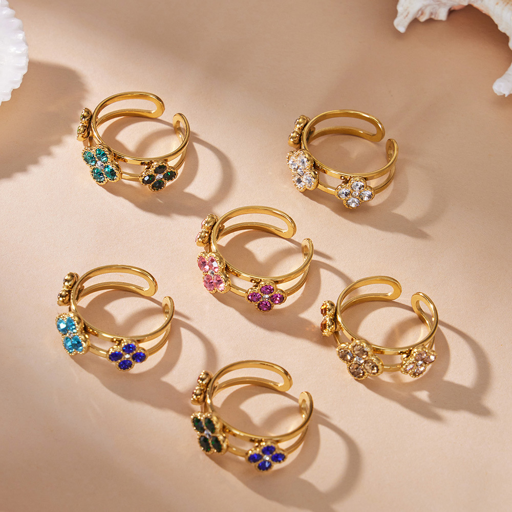 Bagues Pour Femmes En Acier Inoxydable Doré, Ornées D'Un Trèfle Élégant Et De Zircon, Collection Romantique. Image4