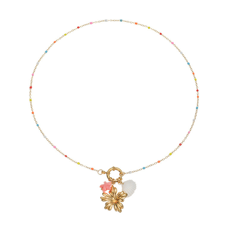 Colliers Pendentifs Pour Femmes, Style Océanique, Motif Floral Et Poisson, En Acier Inoxydable Étanche, Couleur Or Image3