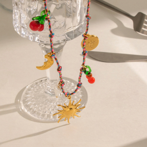 Colliers Tressés Pour Femmes, Collection Romantique, Motif Fruits Et Soleil, En Acier Inoxydable Doré Et Perles. h5 Image3