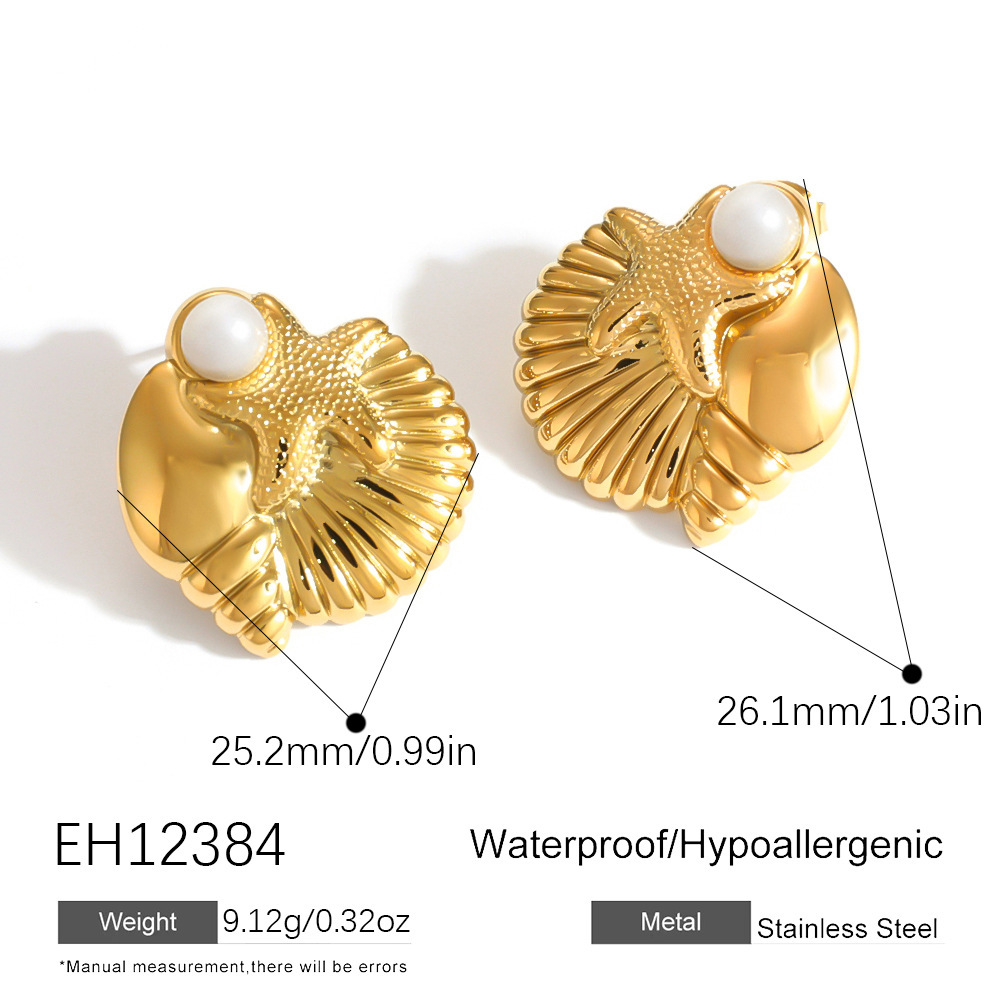 Boucles D'Oreilles Puces Pour Femmes, Style Océan, En Acier Inoxydable, Imperméables, Couleur Or, Avec Perles Artificielles Et Motif Étoile De Mer