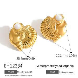 Boucles D'Oreilles Puces Pour Femmes, Style Océan, En Acier Inoxydable, Imperméables, Couleur Or, Avec Perles Artificielles Et Motif Étoile De Mer h5