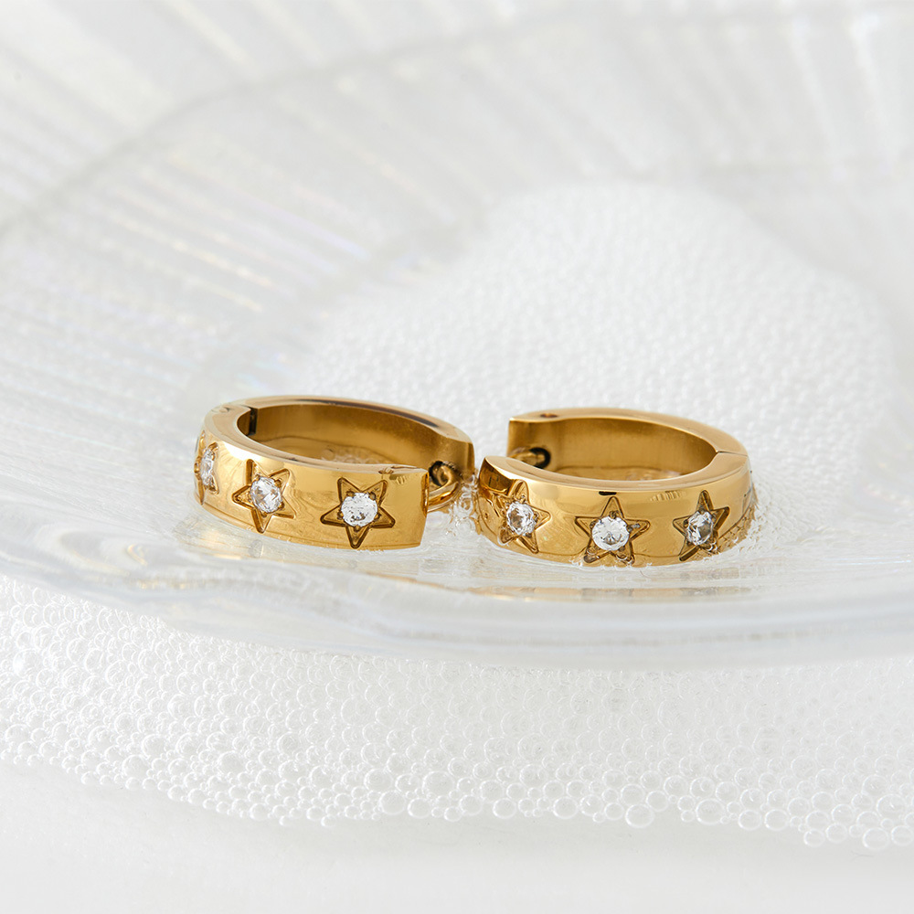 Boucles D'Oreilles Créoles Pour Femmes, En Acier Inoxydable Doré, Étanches, Ornées De Strass, De La Série Simple Star Image4