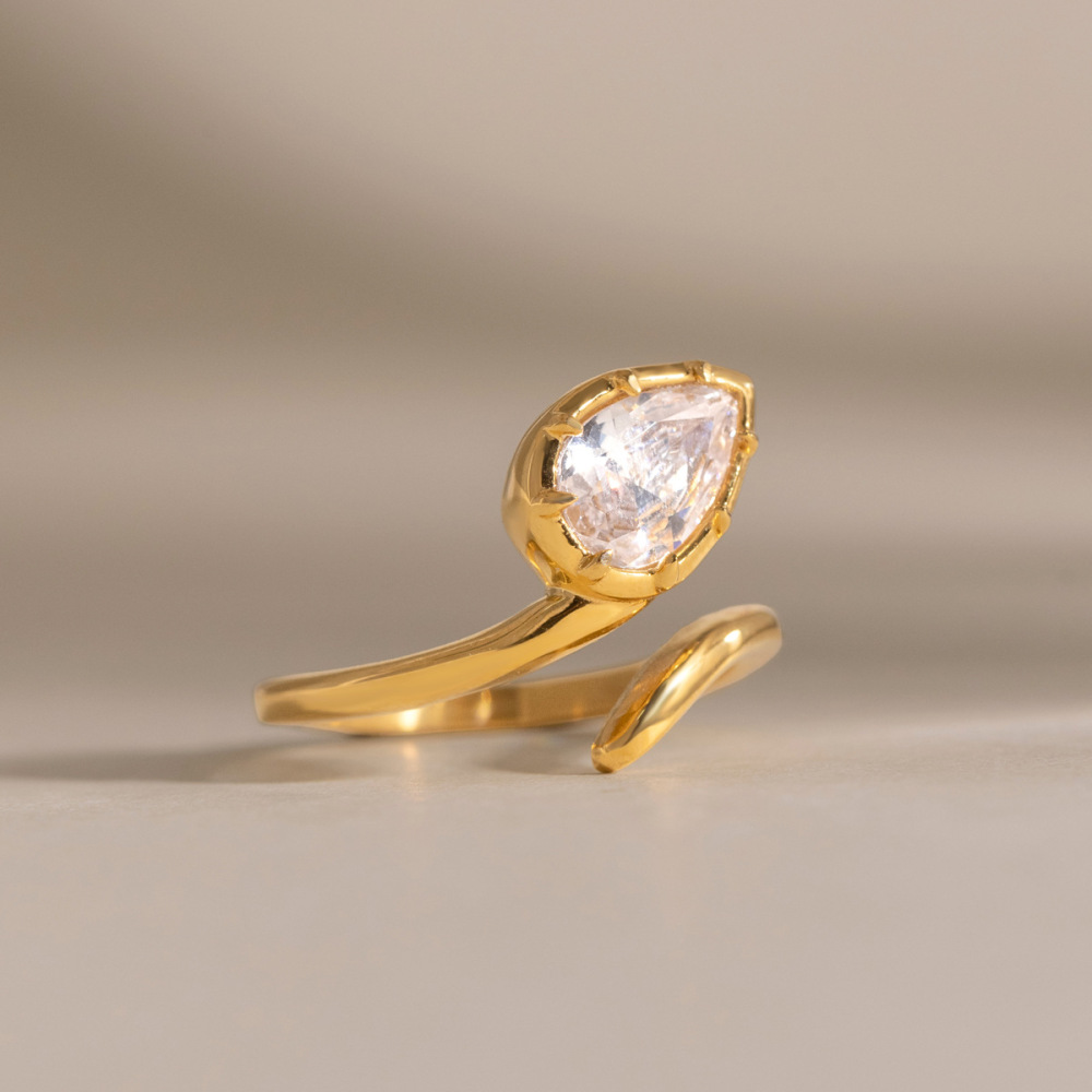 Bague Pour Femme En Acier Inoxydable Étanche Couleur Or, Forme De Goutte Simple, Sertie De Zircon. Image3