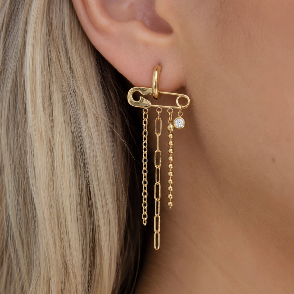 Boucles D'Oreilles Pendantes Élégantes À Pompon En Acier Inoxydable, Étanches, Couleur Or Et Zircon, Pour Femme, Collection Luxueuse. Image2