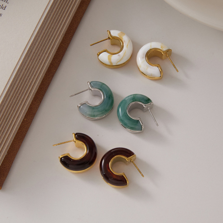 Boucles d'oreilles puces rondes rétro en résine pour femmes, collection Simple Series 2
