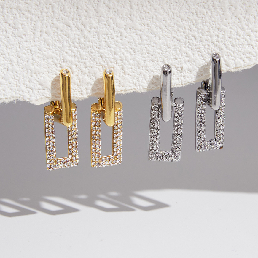 Boucles D'Oreilles Pendantes Pour Femme, Simples, Rectangulaires, En Acier Inoxydable, Étanches, Couleur Or, Ornées De Strass. Image2