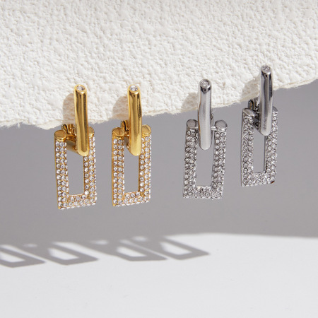 Boucles d'oreilles pendantes pour femme, simples, rectangulaires, en acier inoxydable, étanches, couleur or, ornées de strass. 2