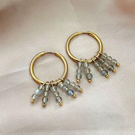 Boucles d'oreilles pendantes pour femme, ornées de pompons, de pierres naturelles et d'acier inoxydable étanche, couleur or. 2