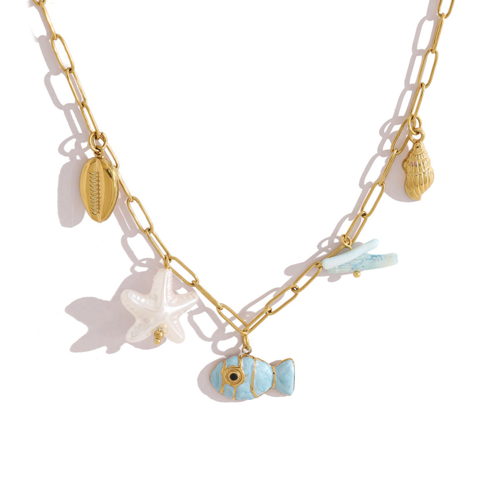 Colliers Pendentifs Pour Femmes, Style Océanique, En Acier Inoxydable Émaillé, Couleur Or, Avec Poissons Image4