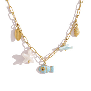 Colliers Pendentifs Pour Femmes, Style Océanique, En Acier Inoxydable Émaillé, Couleur Or, Avec Poissons h5 Image4
