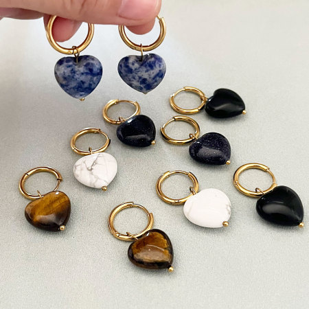 Boucles d'oreilles pendantes pour femme, motif cœur simple et pierres naturelles