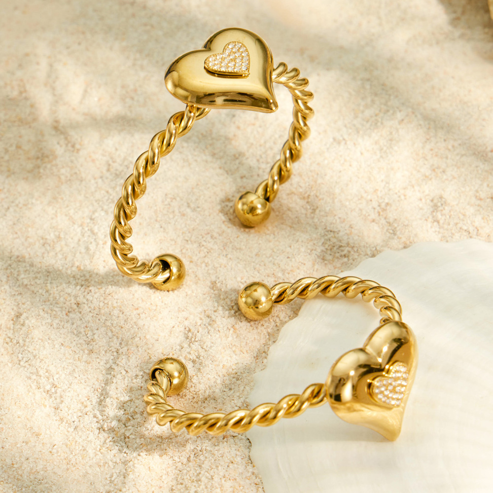 Bracelet Jonc Pour Femme, Collection Daily Heart Twist, En Acier Inoxydable, Étanche, Couleur Or Image4