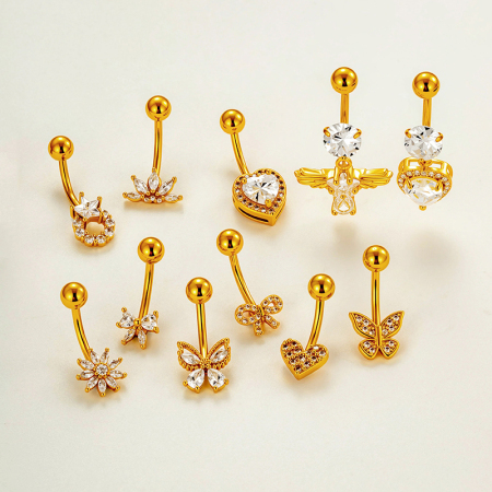 Piercings de nombril en zircon couleur cuivre doré, motif cœur, nœud papillon, étoile et papillon, série simple 2